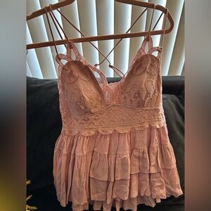 1X Zenana Outfitters Pink Lace Smocked Top